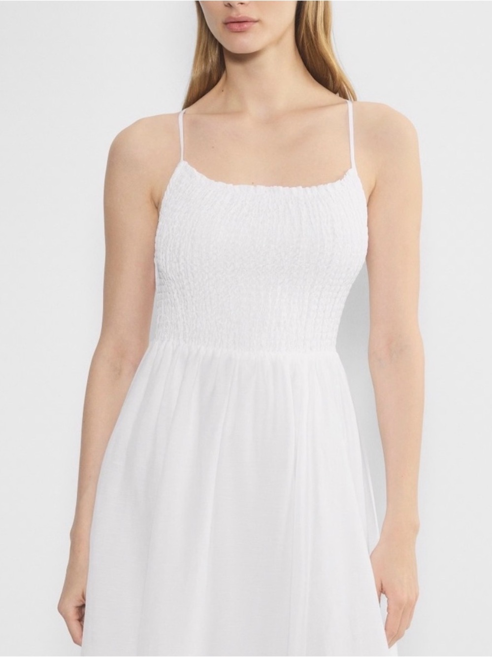 Aritzia White Smocked Midi Dress with Spaghetti Straps